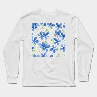 Blue Petal Flower Watercolor Pattern White Background Long Sleeve T-Shirt